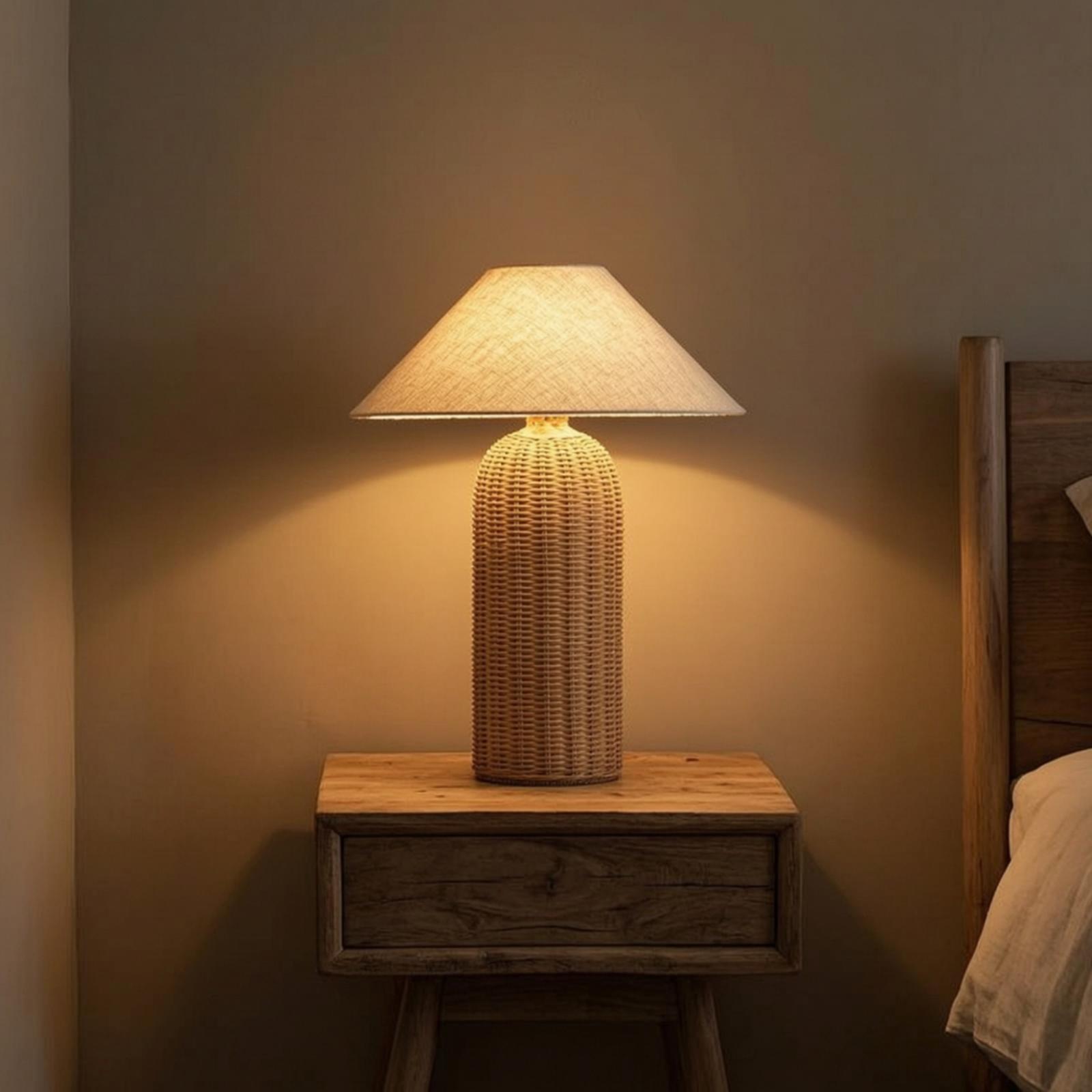 Lighting Table Decor - Bedside Lamp Rattan Base Fabric Shade