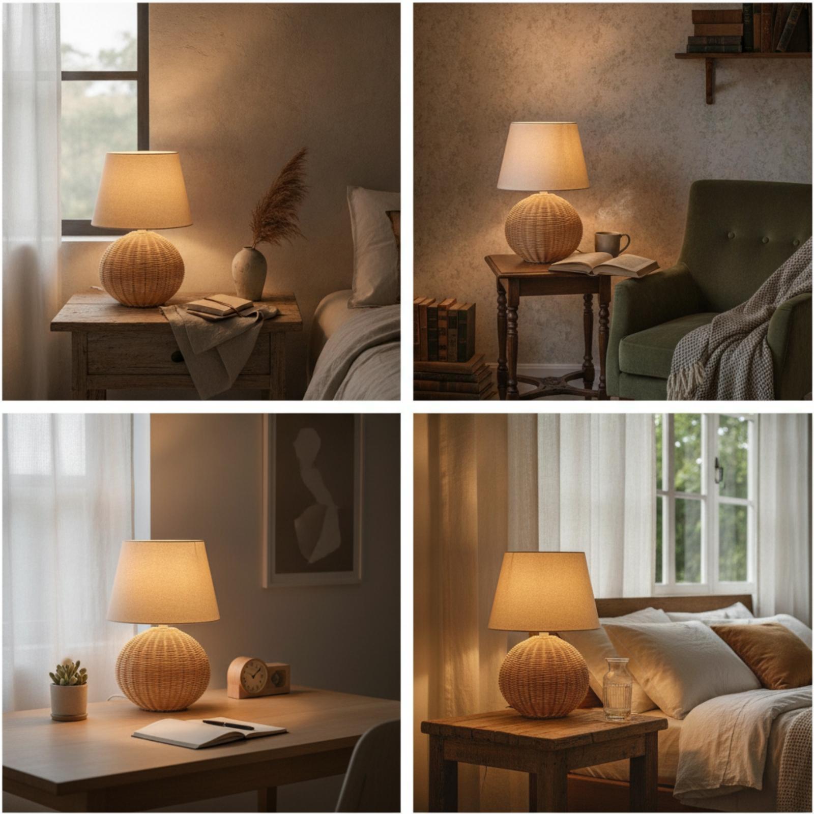 Bedside Lamp Rattan Base Fabri - огляд і ціна Lighting Table Decor
